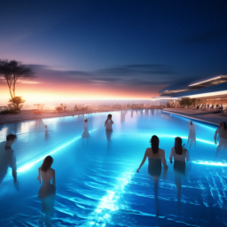 « ️‍🔥Twilight,beautiful transparent mega huge pool,people are swimming ...