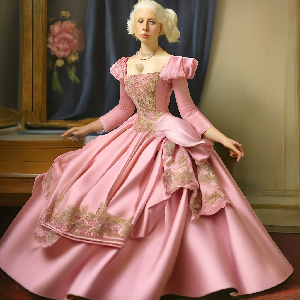 Lady Gaga Tea dress, USA, circa 1870 Pink silk taffeta and crepe with  embroidery."  image created in Shedevrum