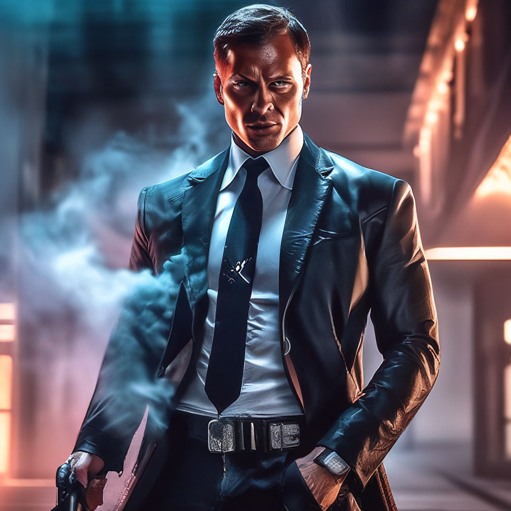 secret agent cigarette Brutal secret agent spy hyper realistic holds a gun and smokes a cigarette,  leather pants, sharp shoes,angry eyes, …