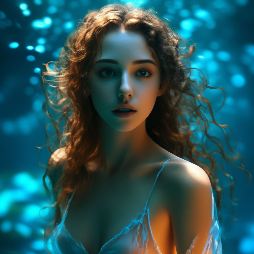 nymph girl underwater, 3d, light from inside, full-length, water fluorescen...