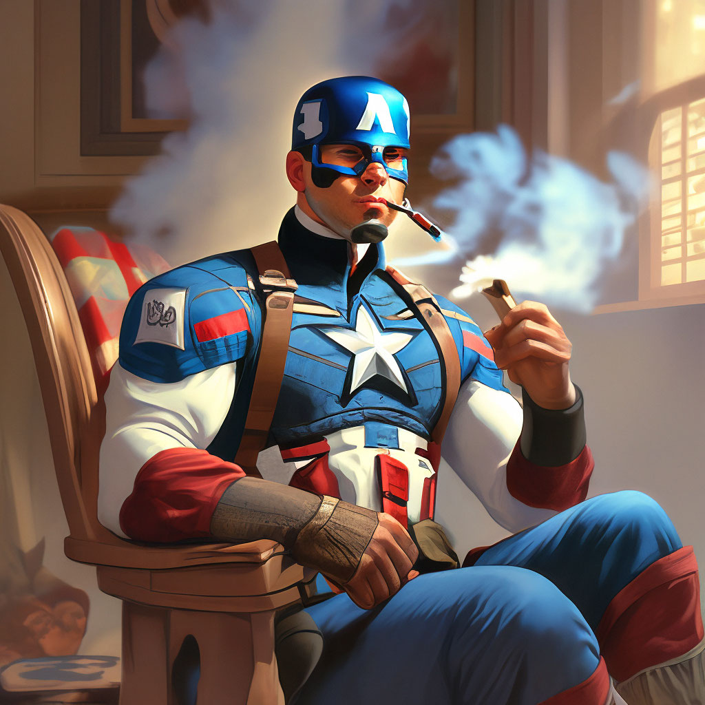 Captain America lights a cigarette sitting on a chair, and smoke is smoking  …