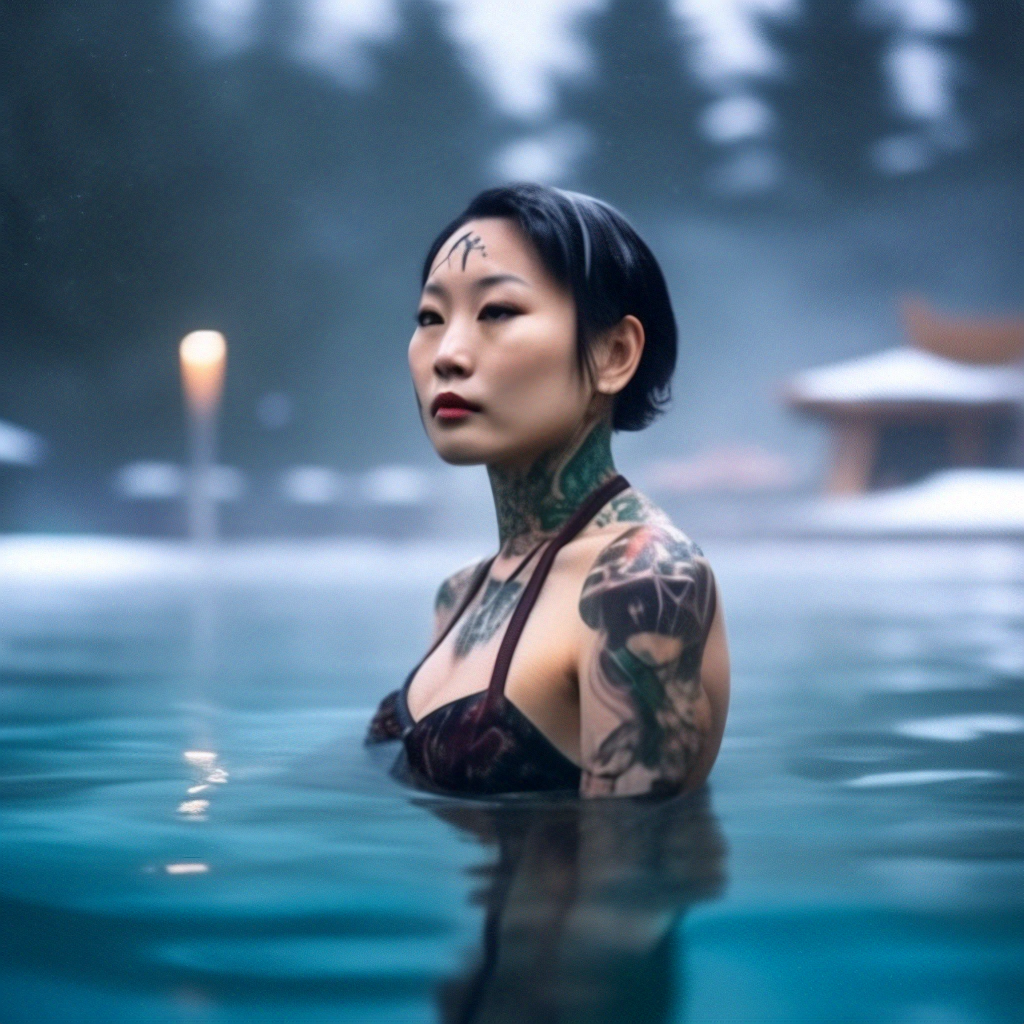 Миниатюрная сексуальная азиатка в бассейне в жаркий летний день, полный кадр