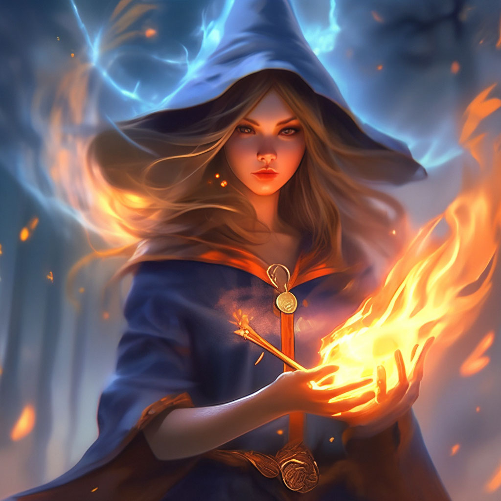 Witch girl, magic, fire, fantasy art