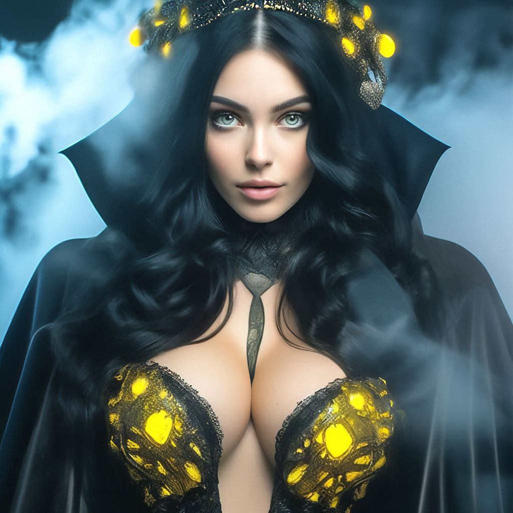 Прекрасная большегрудая девушка-маг, черные волосы, глубокое декольте, .&qu...