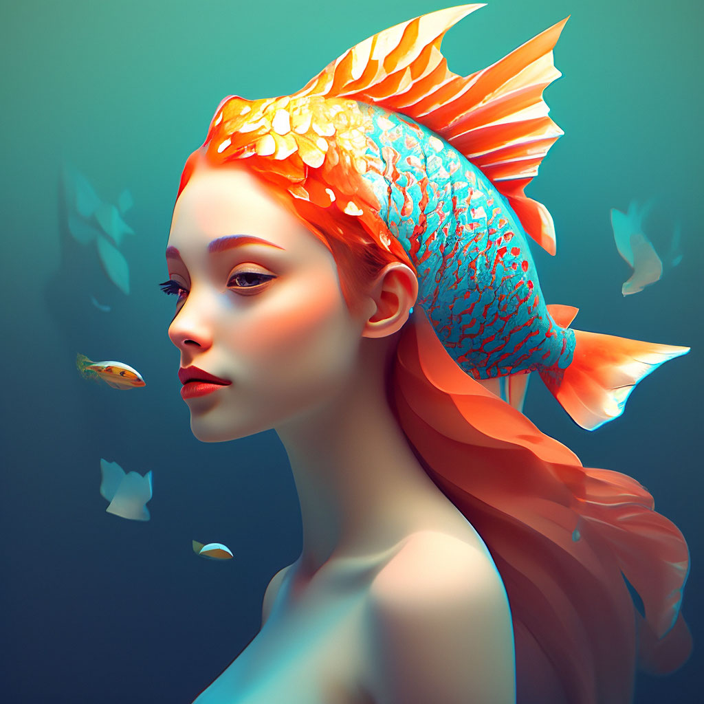 Красивая девушка с головой рыбы» — создано в Шедевруме