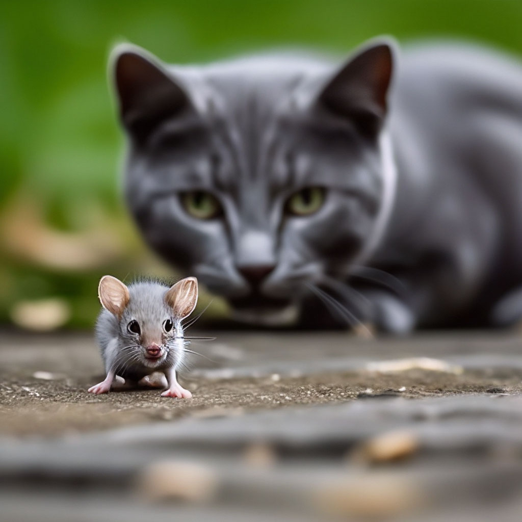 Серая кошка поймала мышь» — создано в Шедевруме