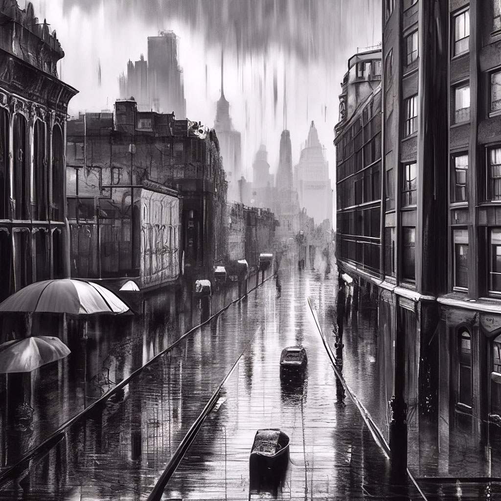 Черно белый город после дождя за …» — создано в Шедевруме