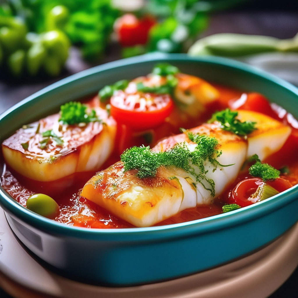 Тушеная рыба в томатном соусе с овощами