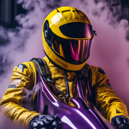 «Racing driver in a yellow suit in a purple cloud, realism, studio ...