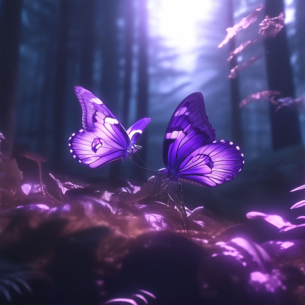 2 фиолетовые бабочки летят в тё…» — создано в Шедевруме