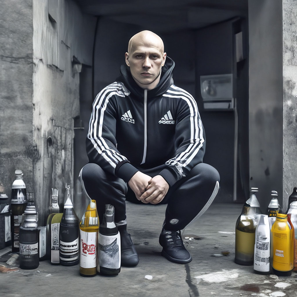 Bald slav squatting track suit image created in Shedevrum