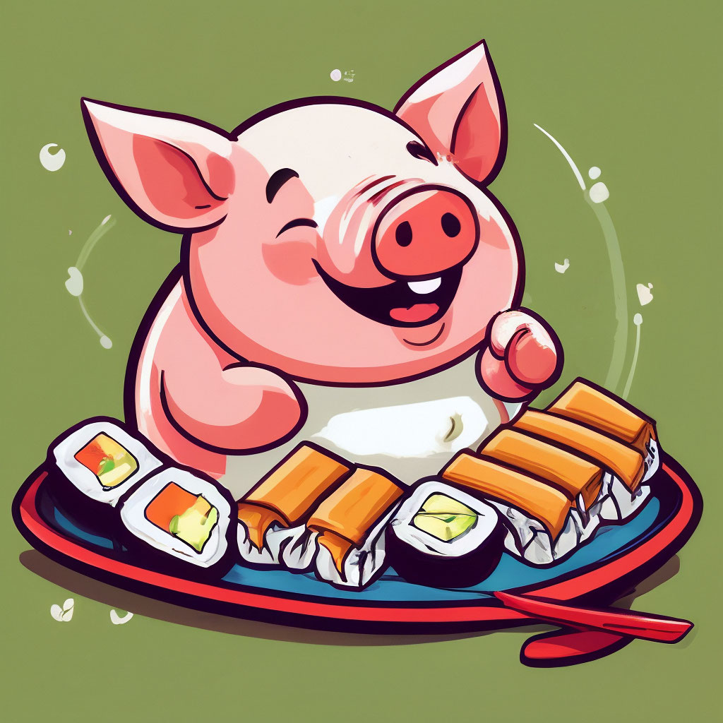 Довольная свинка ест роллы сяки …» — создано в Шедевруме