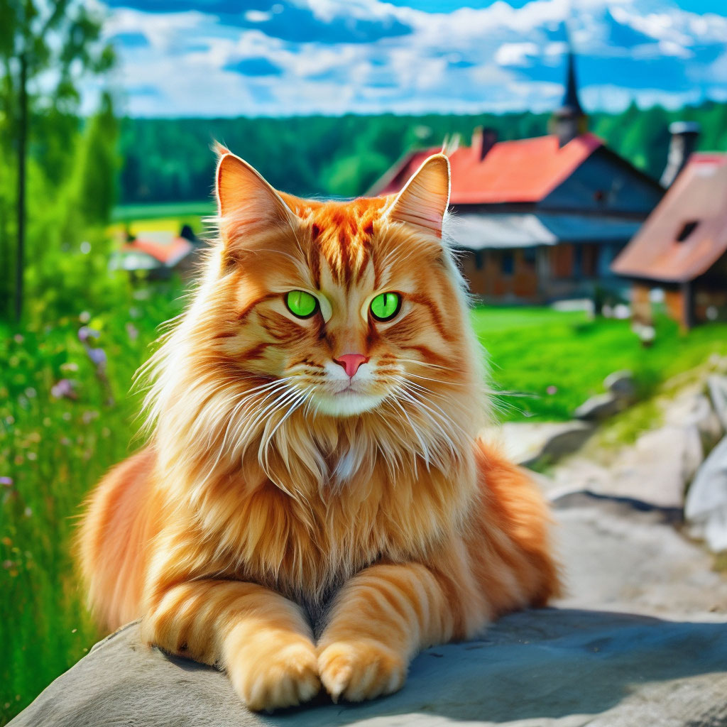Сибирский рыжий кот с зелёными …» — создано в Шедевруме
