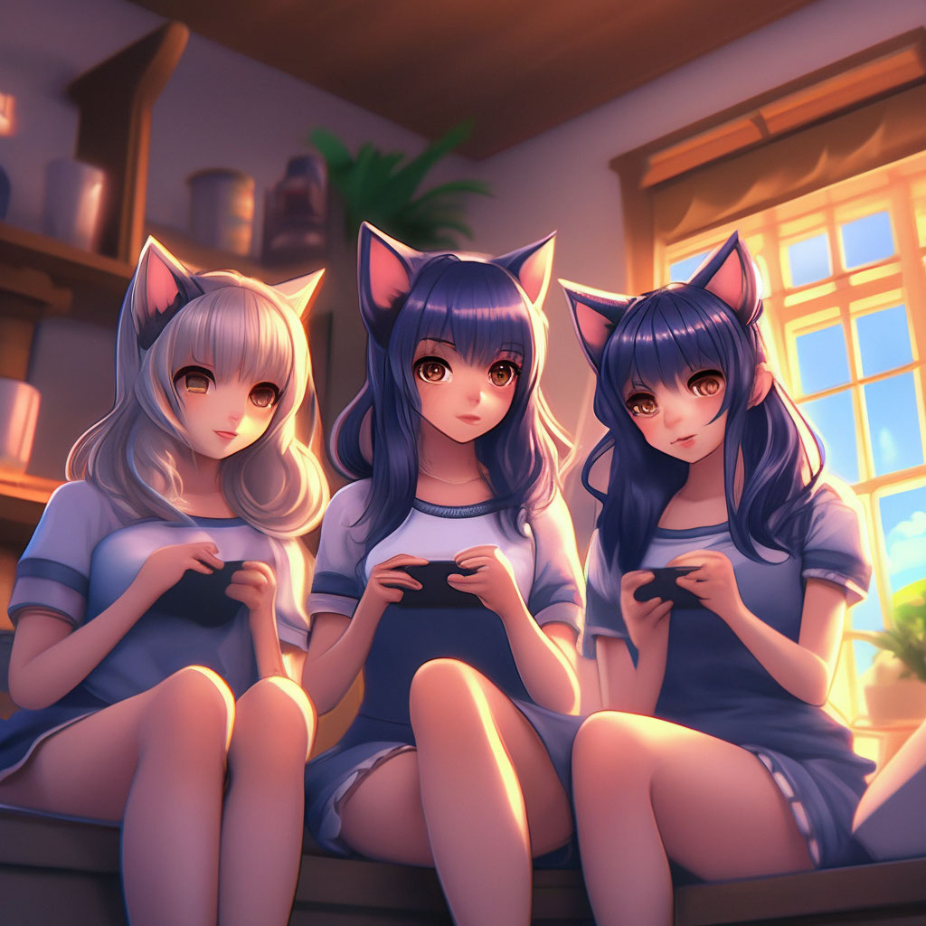 Три аниме девушки с ушками кошки …» — создано в Шедевруме