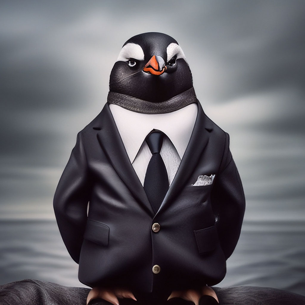A penguin in a business suit is late for a meeting, a black suit ...