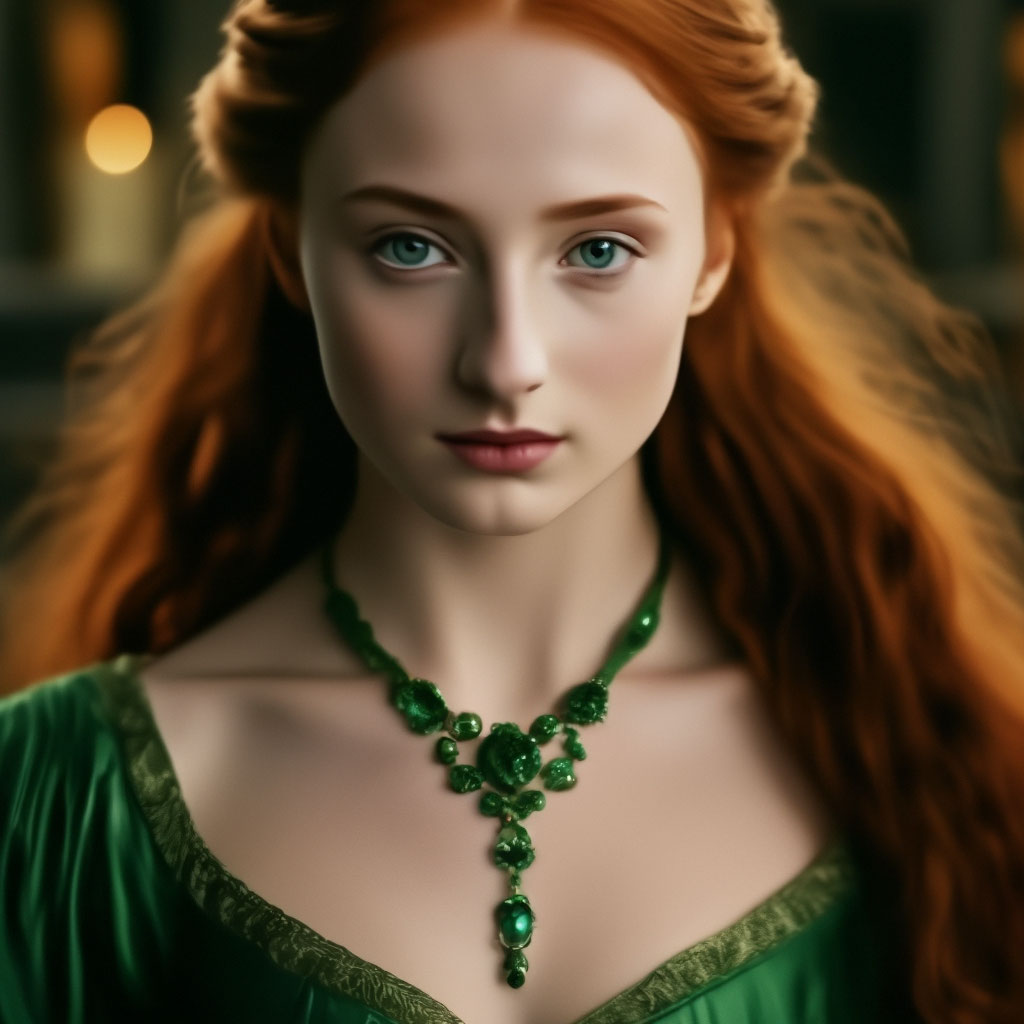 Young Sansa Stark in a gorgeous green dress and emerald jewelry"  image  created in Shedevrum