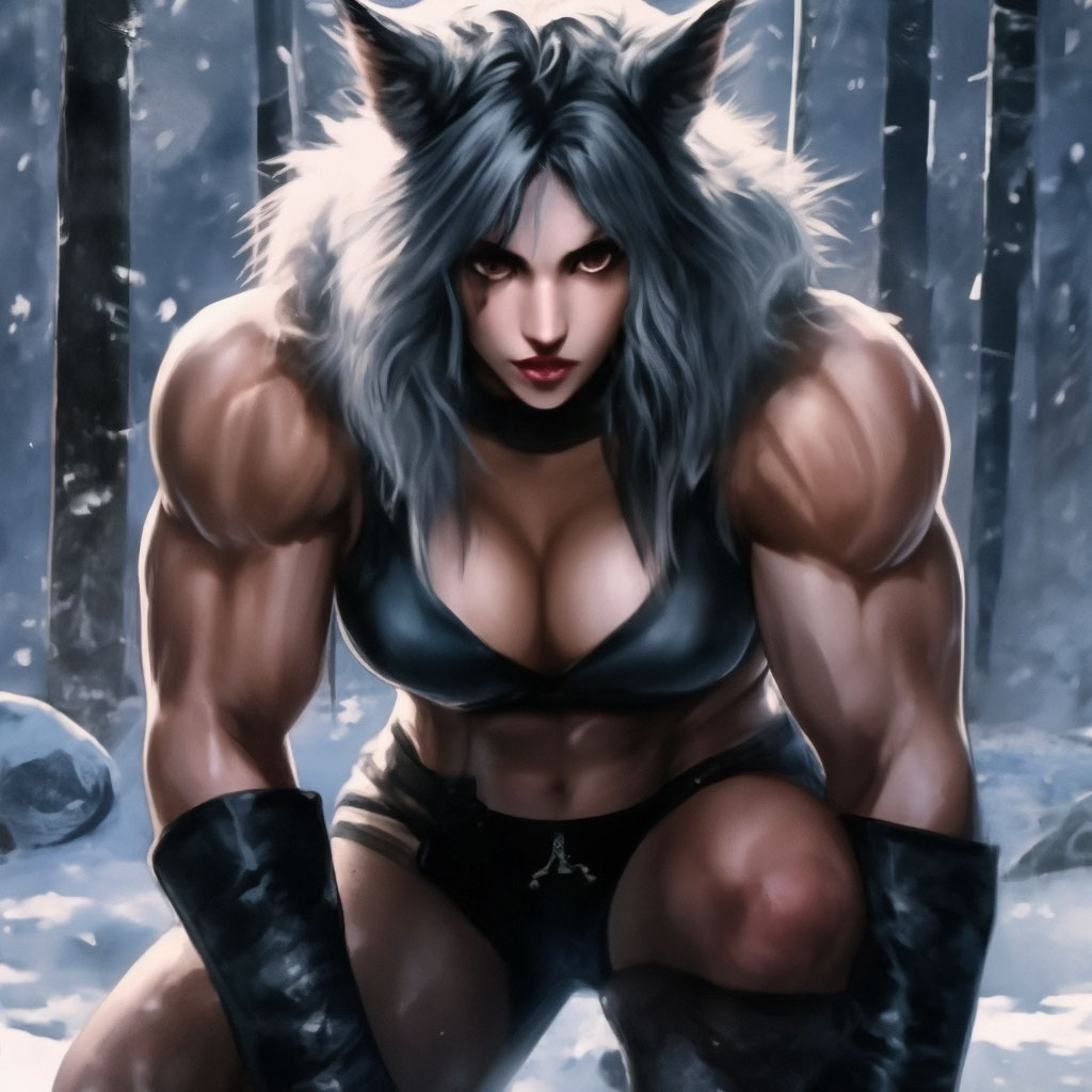 Bodybuilder female, blushes crouching …» — создано в Шедевруме