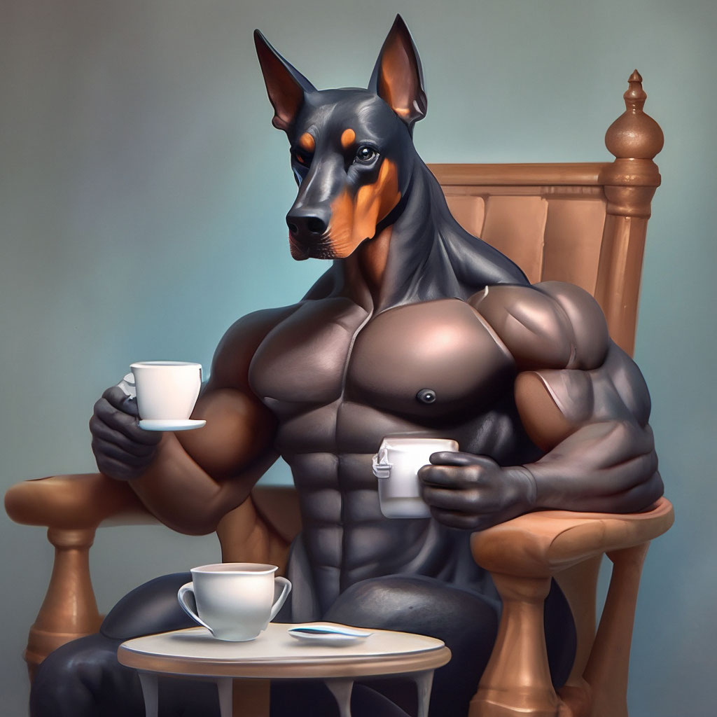 "Musculoso antropomórfico Doberman culturista en silla bebiendo té, re...