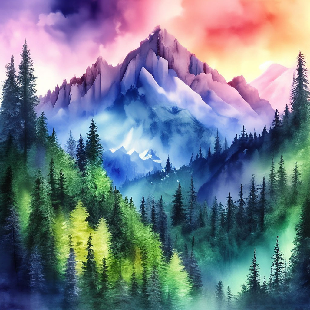 Рисунок акварелью горы и лес» — создано в Шедевруме