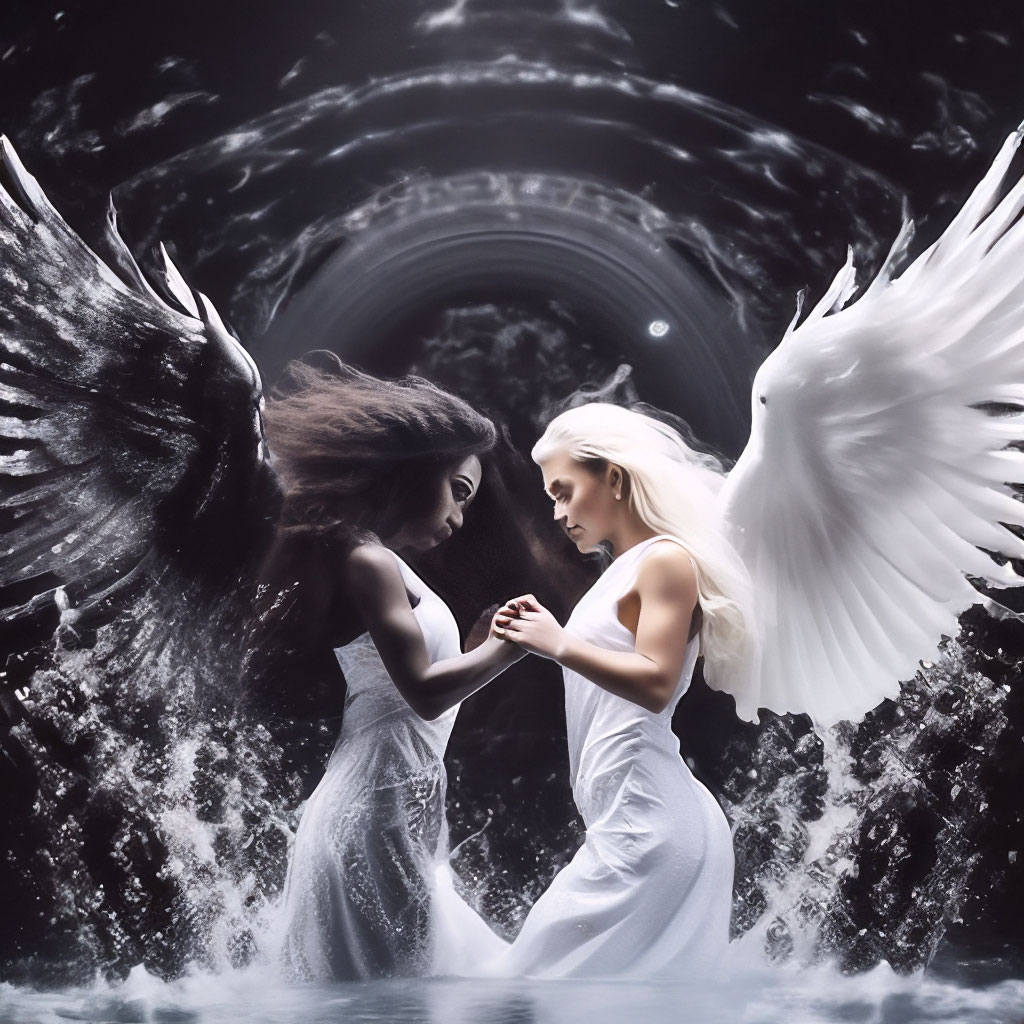 Красивый молодой ангел тянет волосы черный ангел, изолированных на белом фоне