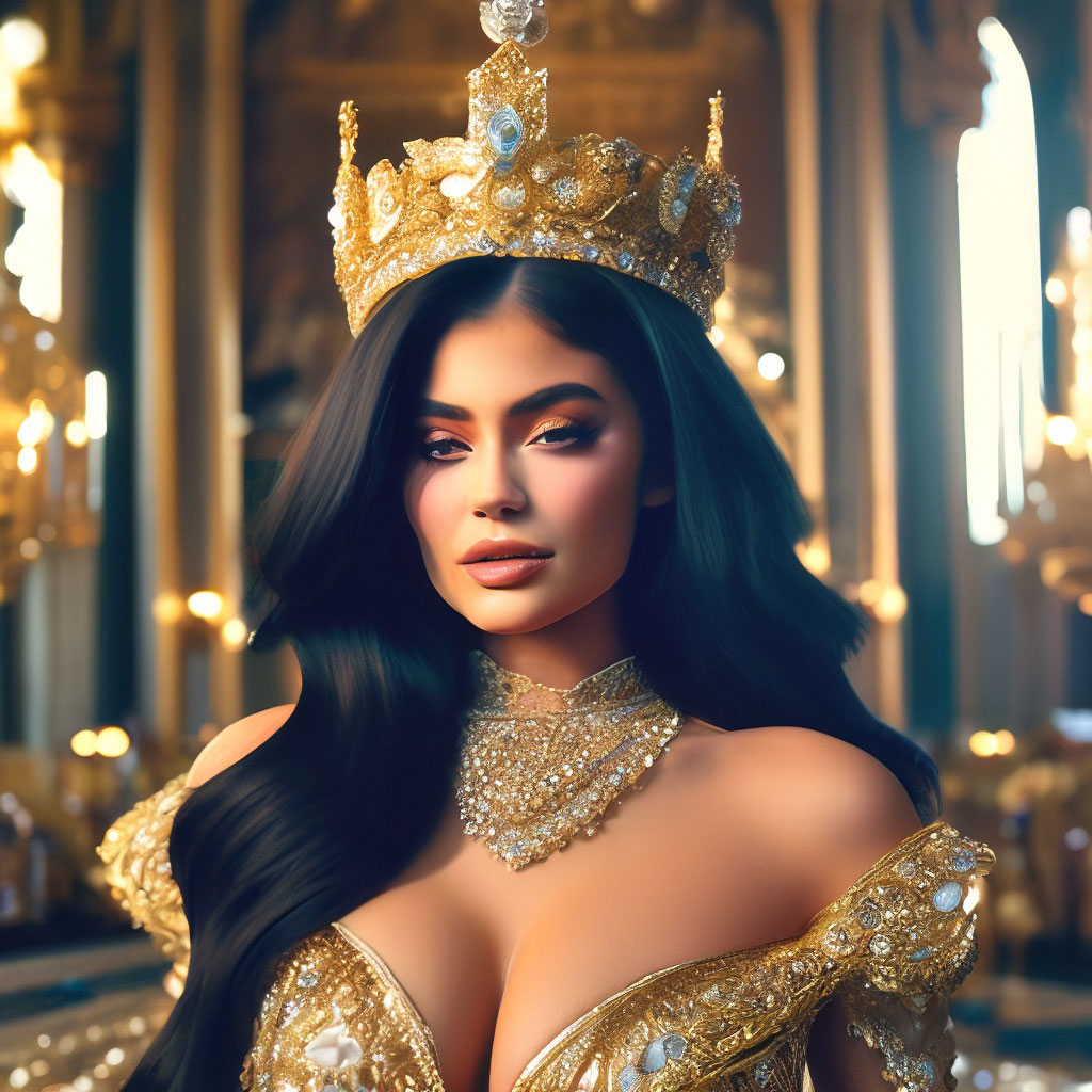 Kylie Jenner with a huge crown on her head, in a magnificent expensive dress  decorated with gold and diamonds, in a"  image created in Shedevrum