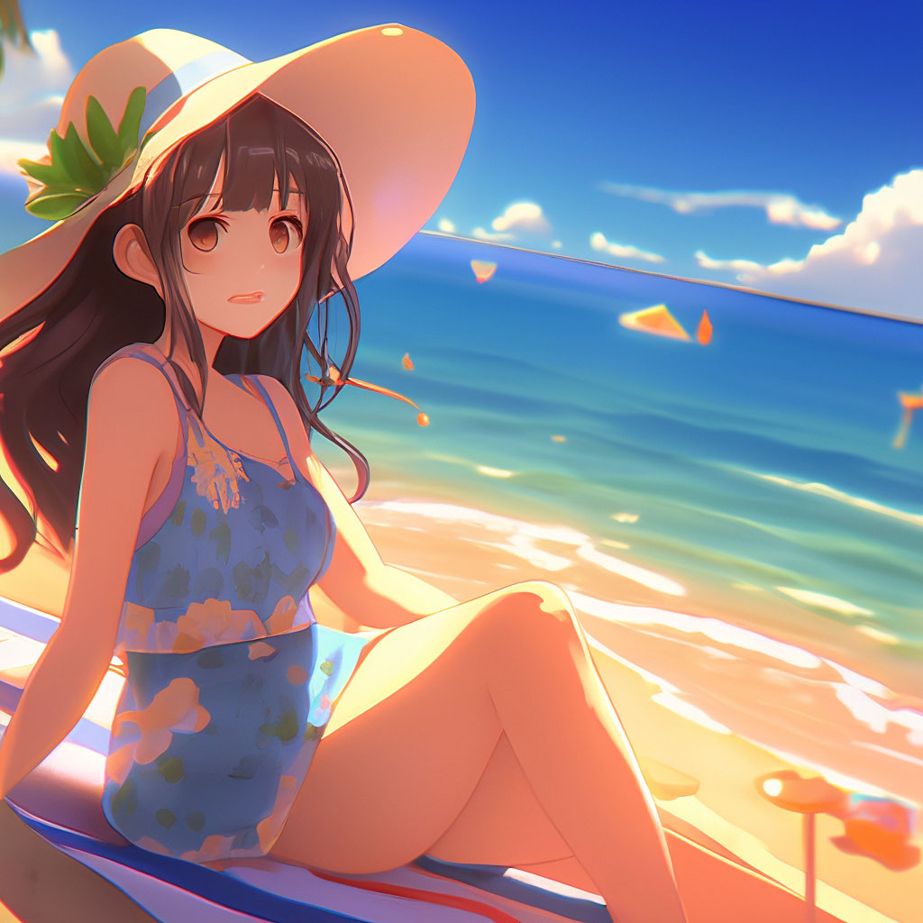 Summer beach in anime with anime girl image created in Shedevrum