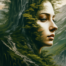 «A woman's face as the embodiment of nature, a landscape face , ink ...