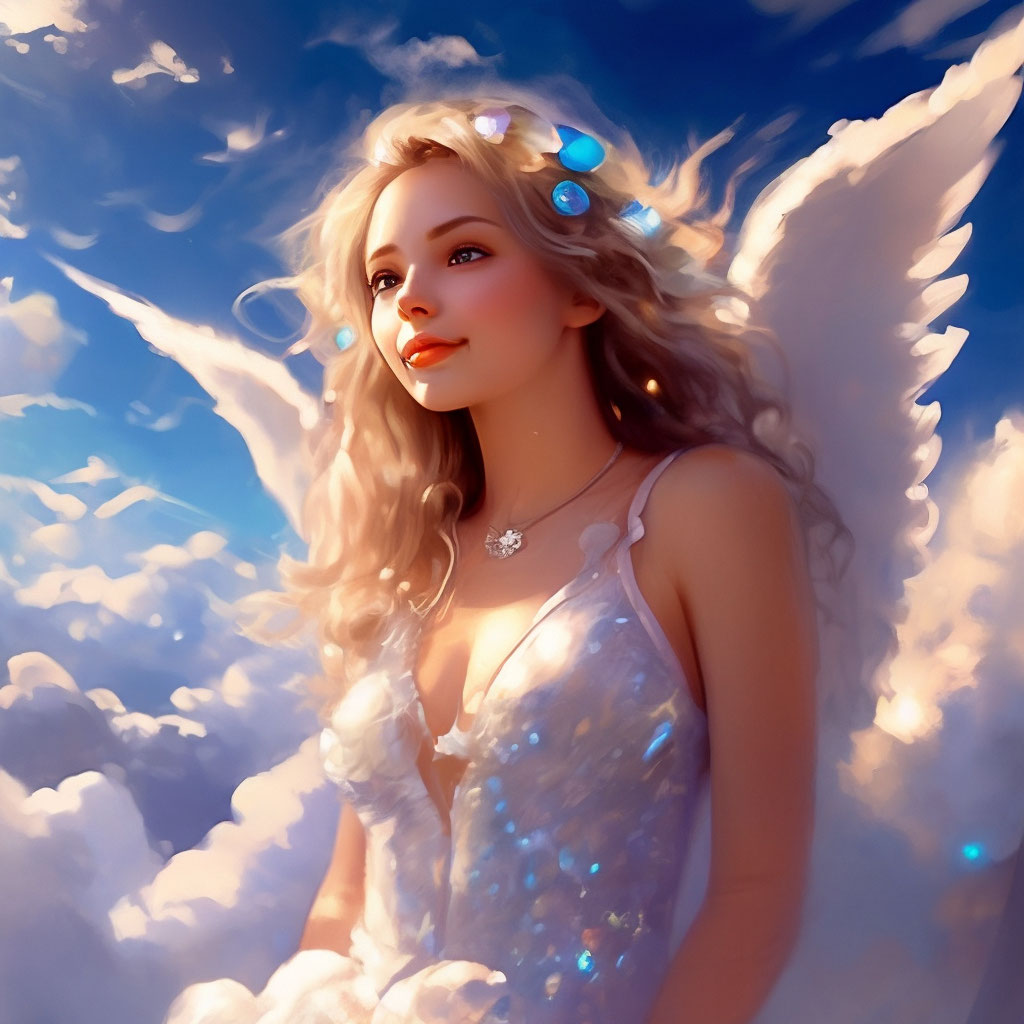 Красивая девушка, ангел, облака, небо…» — создано в Шедевруме