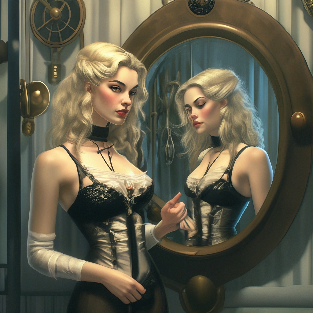 Обои Блондинка в прозрачном пеньюаре стоит в ванной, любуясь собой в зеркале
