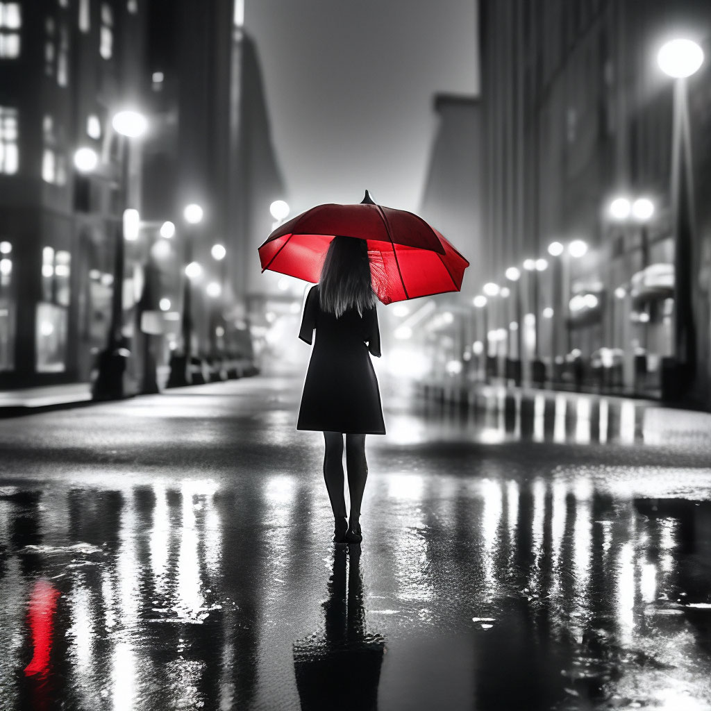 Девочка с красным зонтом ночной …» — создано в Шедевруме