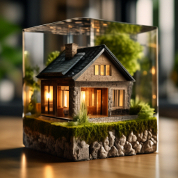 «Rustic house in a glass cube, beautiful, realistic, 4k, high ...