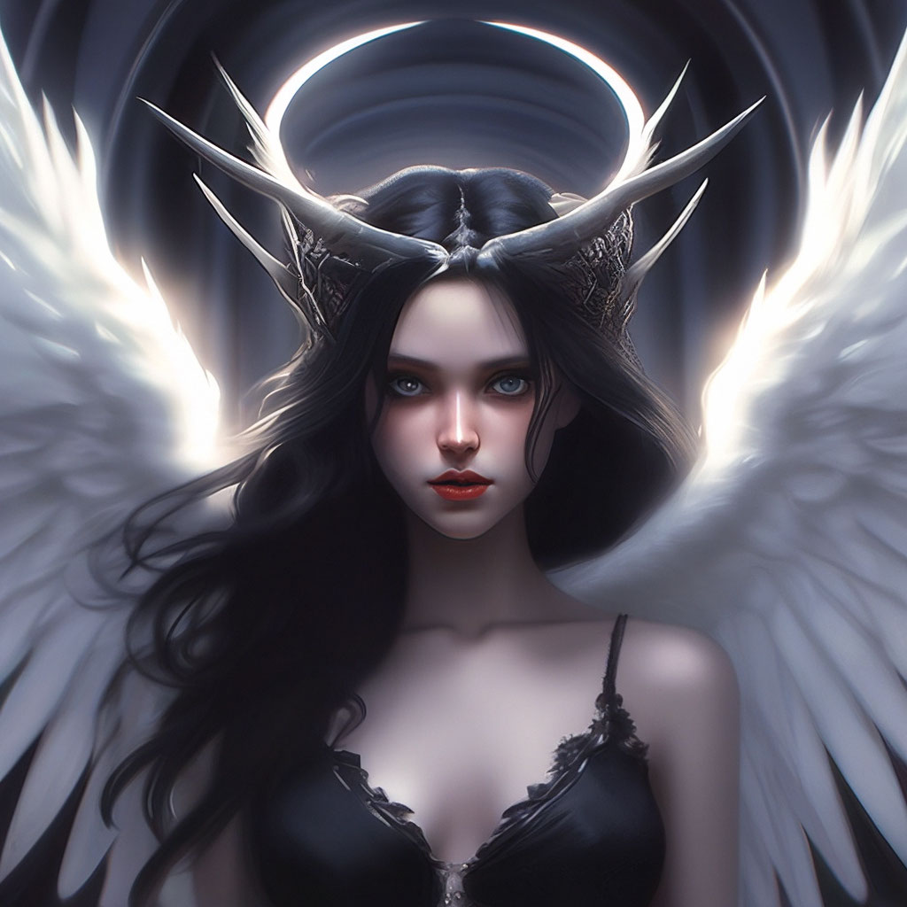 Fallen angel, girl, halo, horns, completely black eyes