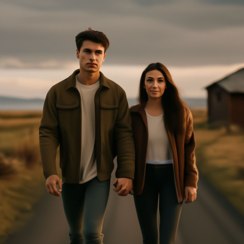 Взрослые брат и сестра идут взявшись за руки» — картинка создана в Шедевруме