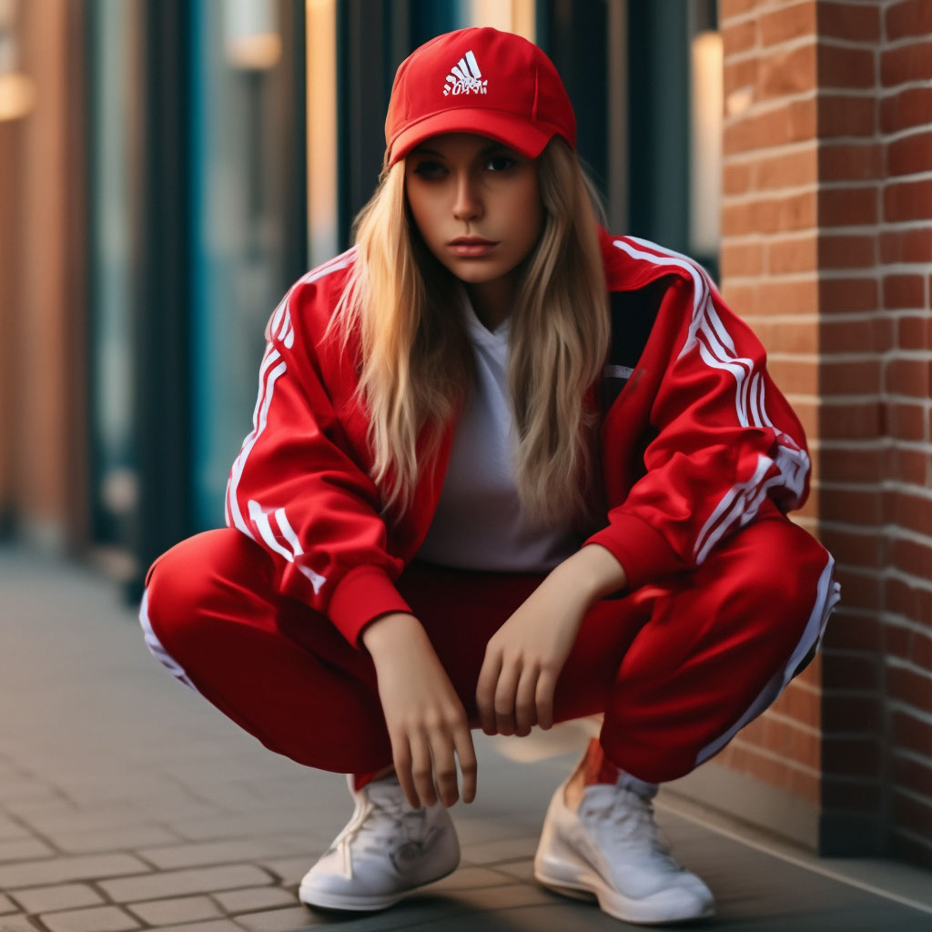 A gopnik girl in a red Adidas suit image created in Shedevrum