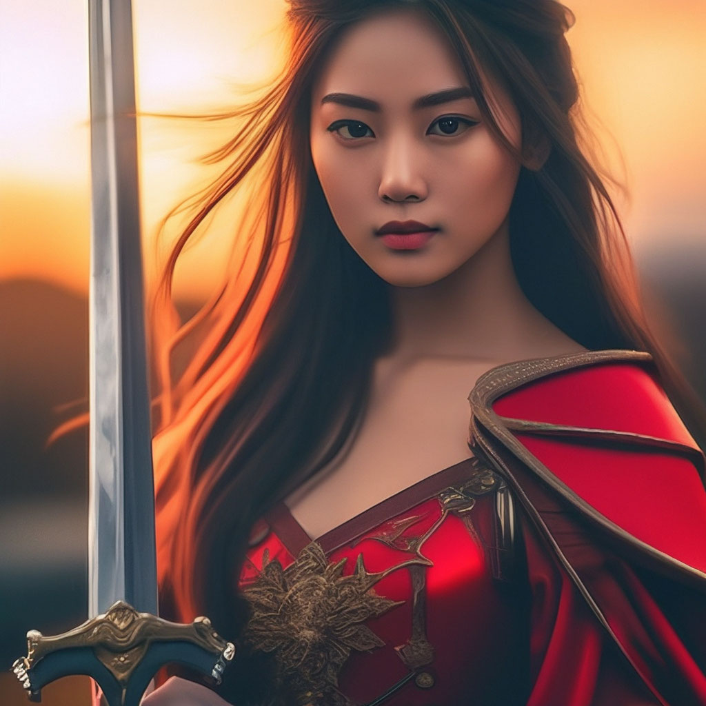 Красивая азиатка рыцарь в красном …» — создано в Шедевруме