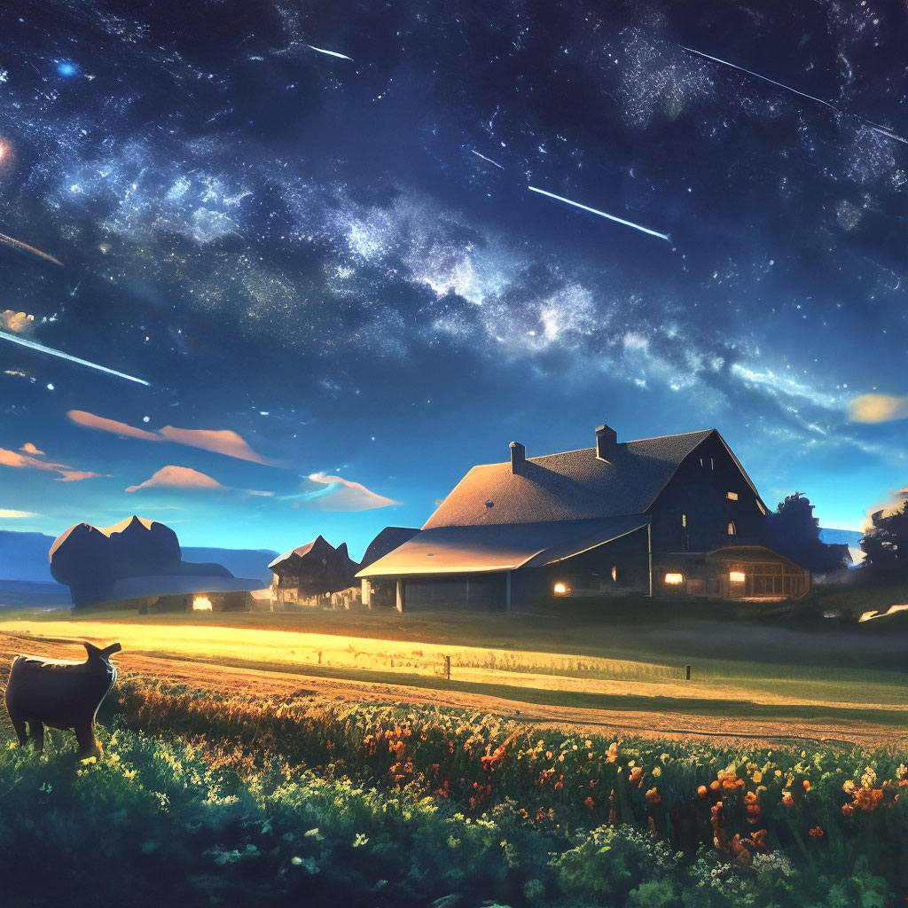 Ферма под ночным звёздным небом …» — создано в Шедевруме