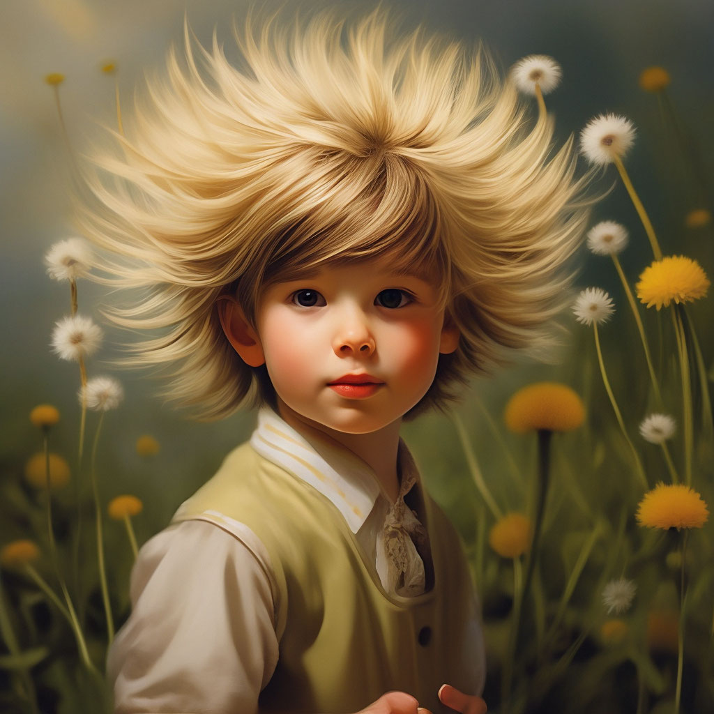 Прическа одуванчик мужская "Boy, hair is like a dandelion" - image created in Shedevrum