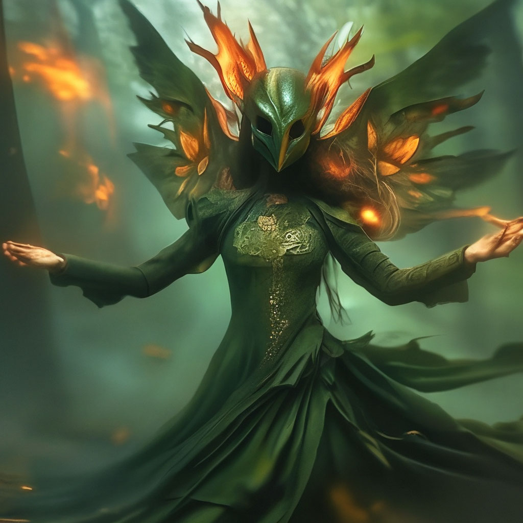 Fantasy,fairy with hands made of wood,face mask,long black-green dress,torn  "  image created in Shedevrum