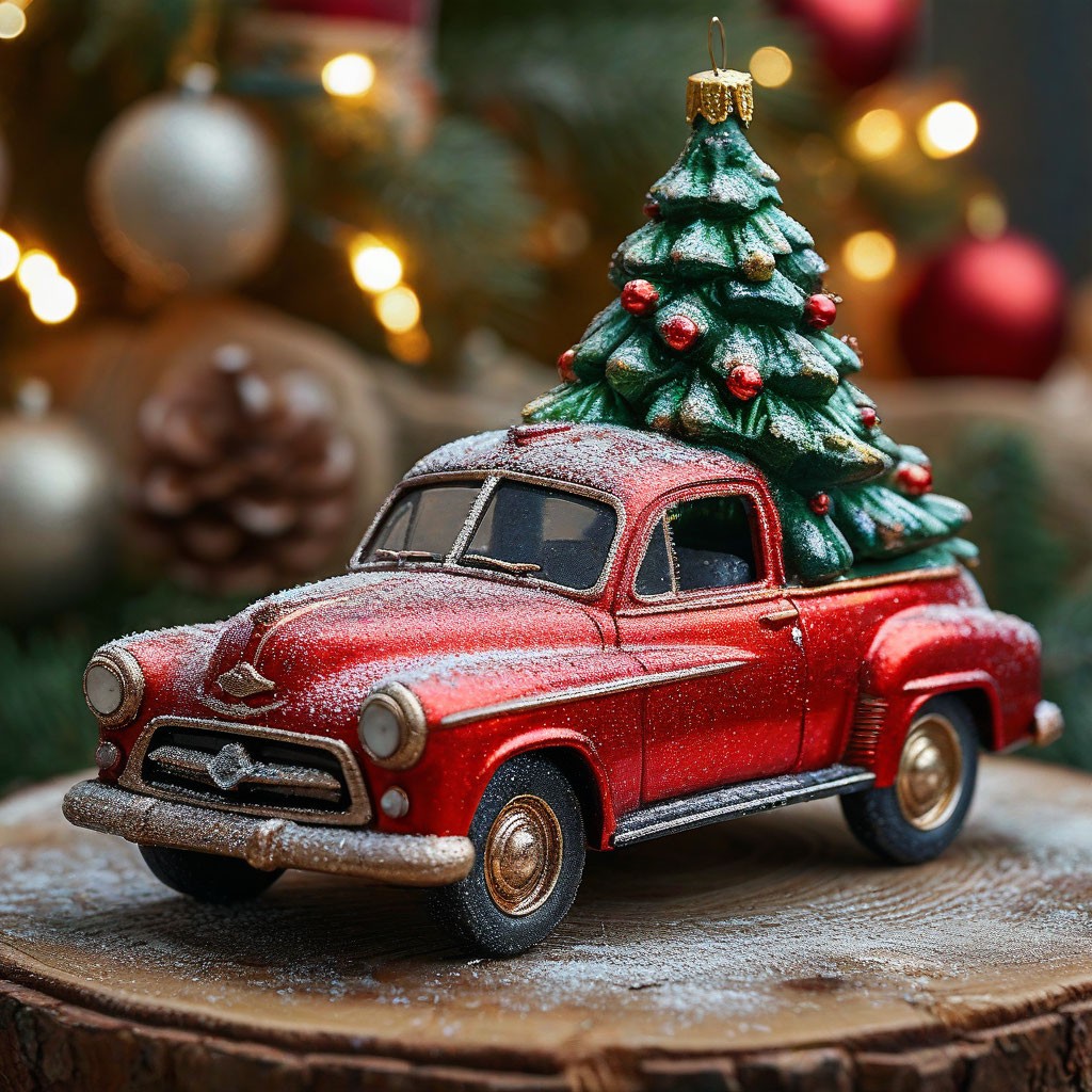 "Beautiful red car with a Christmas tree on the roof" — image created ...