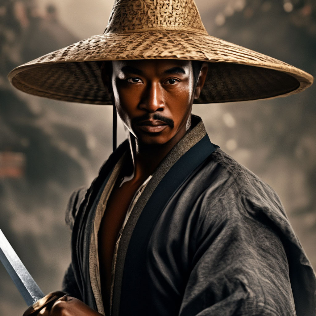 A black Chinese man with a straw hat image created in Shedevrum