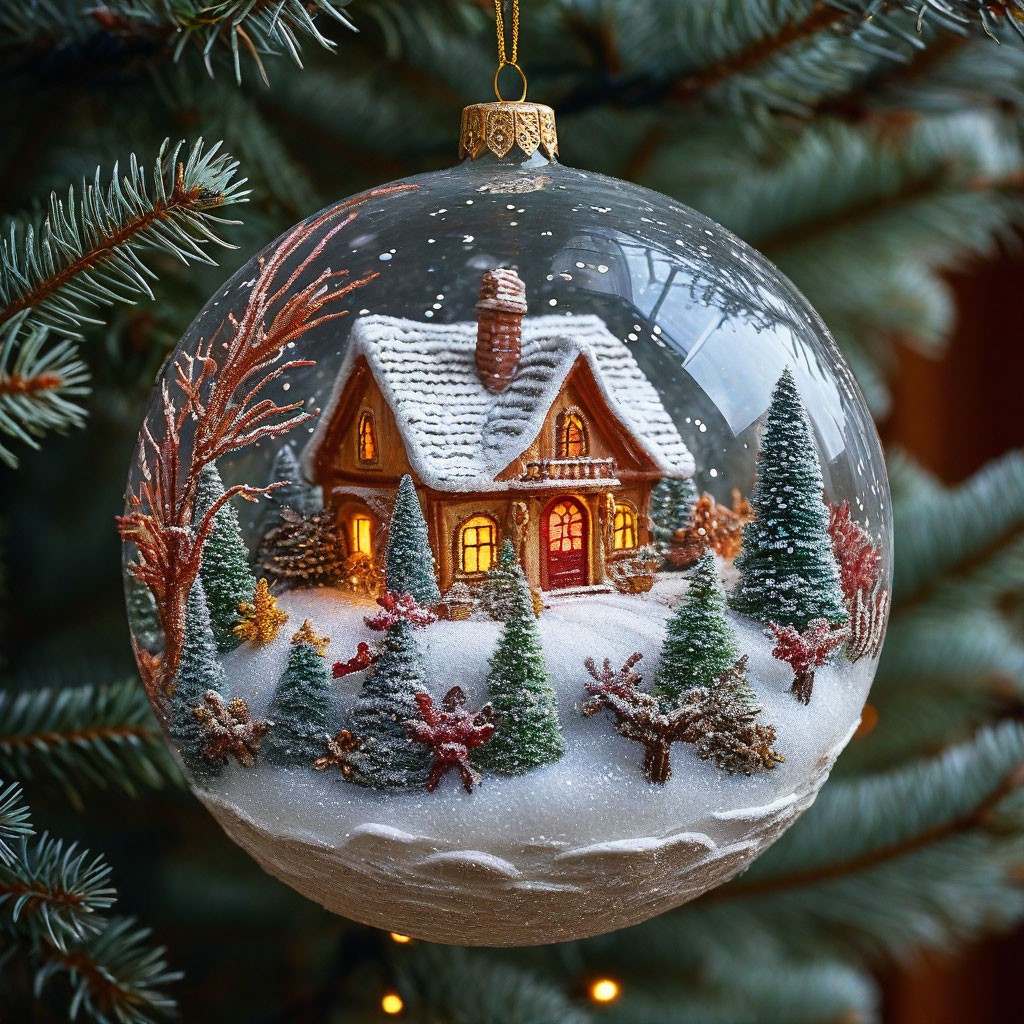"A Christmas tree glass toy with frosty patterns, and inside this ball ...