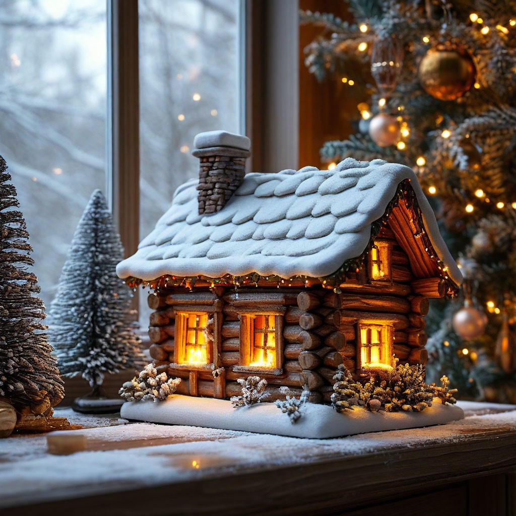 "A log cabin covered with snow with a cozy yellow light inside outside ...