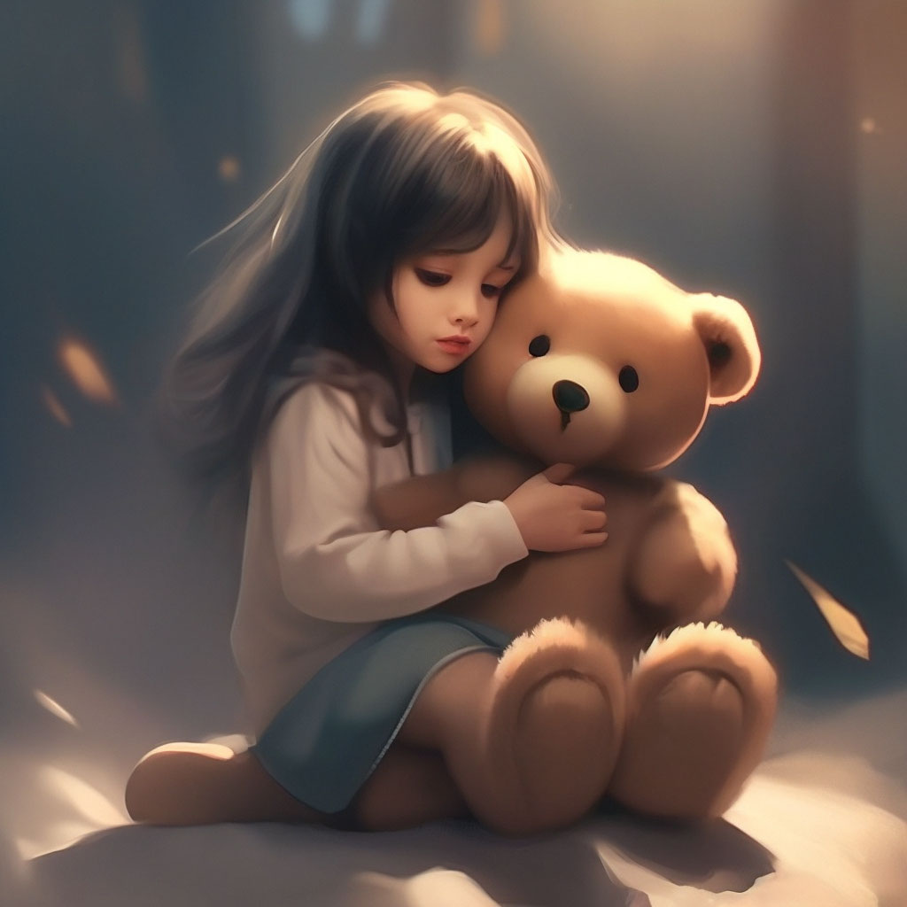 Cute girl hugs a teddy bear image created in Shedevrum