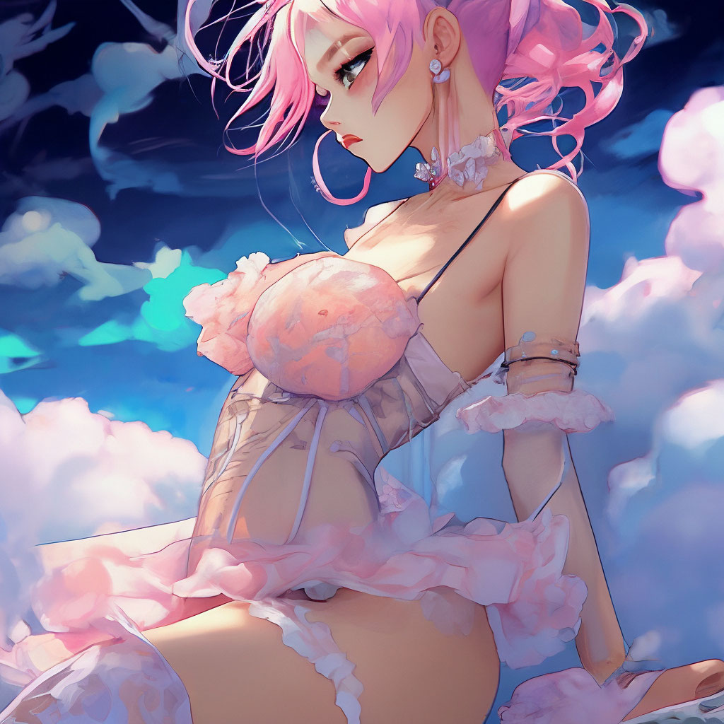 Anime Jojo in mini lace lingerie, thong, stockings  ,  , side in the form of clouds, "  image created in Shedevrum