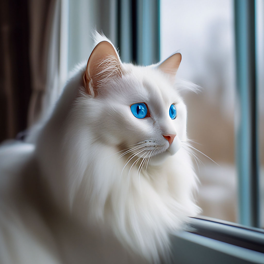 Белая пушистая кошка с голубыми …» — создано в Шедевруме