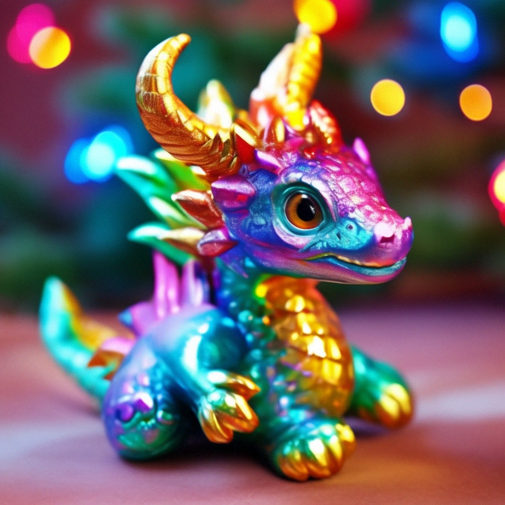 "A little dragon in a rainbow - colored hat" — image created in Shedevrum