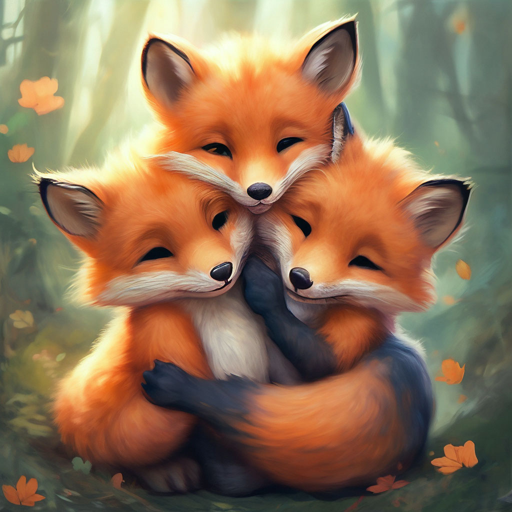 Три лисёнка которые обнимают друг …» — создано в Шедевруме