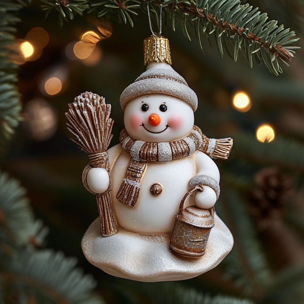 "A white snowman with a carrot nose, with a bucket on his head and a ...
