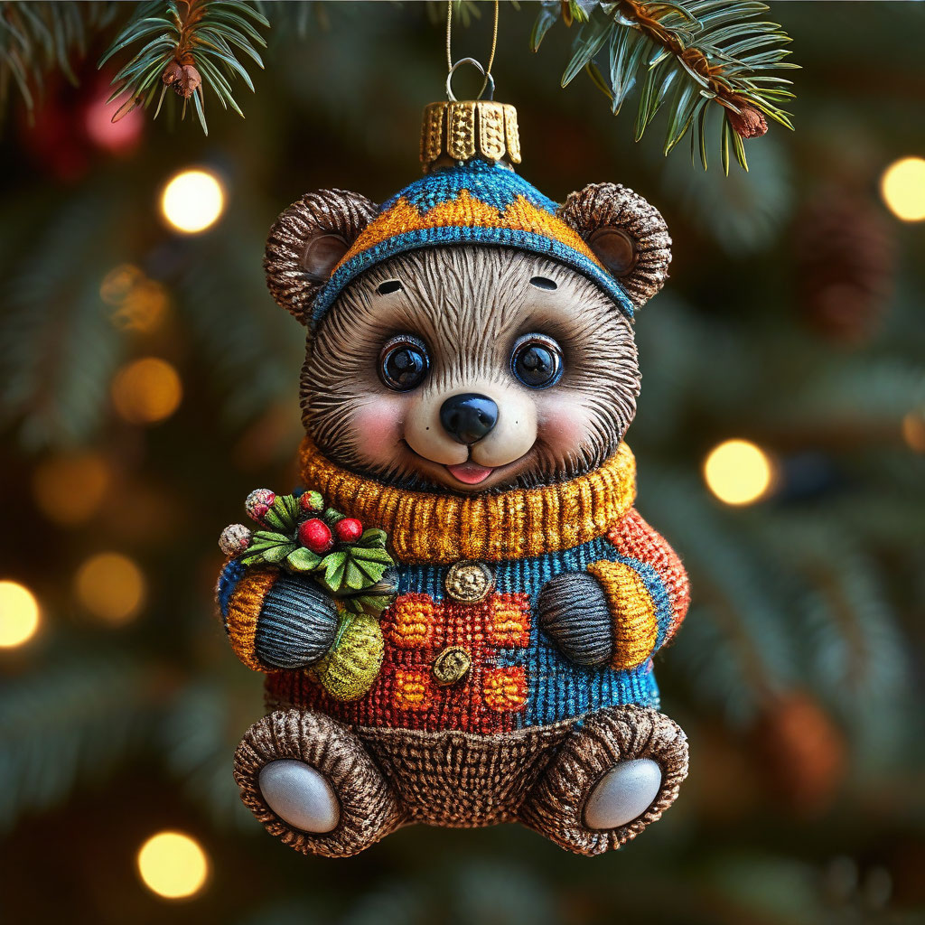"A bright Christmas tree toy a cute cartoon smiling bear with big eyes ...
