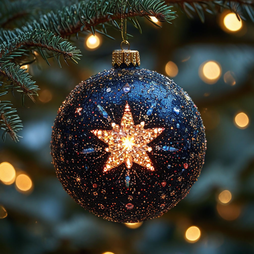 "A black ball with a lot of small stars inside, and a big glowing star ...